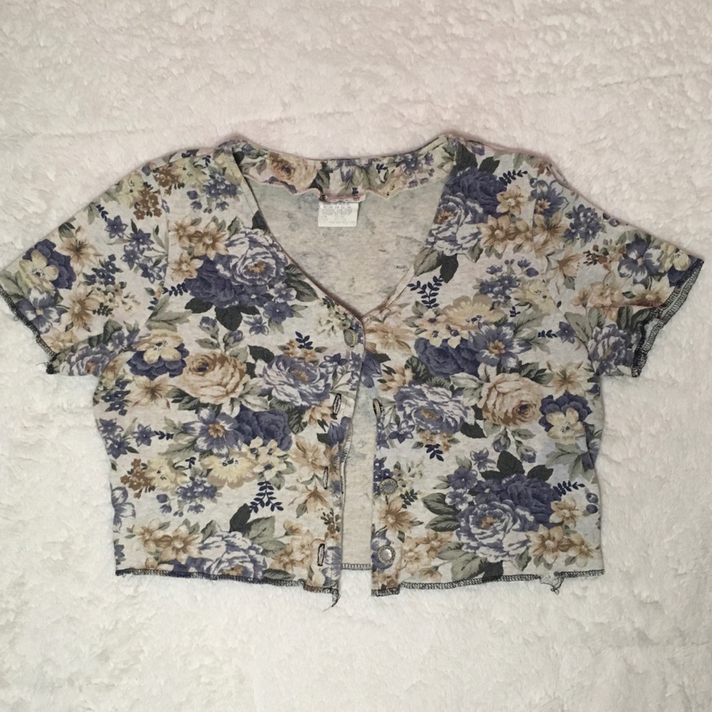 90s Vintage En Chante Floral Tapestry Short Sleeve Button Down Crop Cardigan